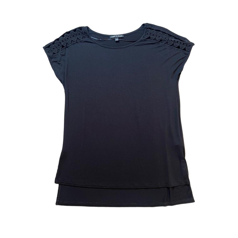 Cable And Gauge Blouse Womens Medium Black Crochet High Low Short Sleeve Top